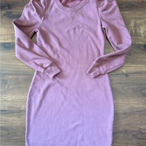 Express XS Mauve Puff Shoulder Sweatshirt Dress Fleece Lined Long Sleeve Mini